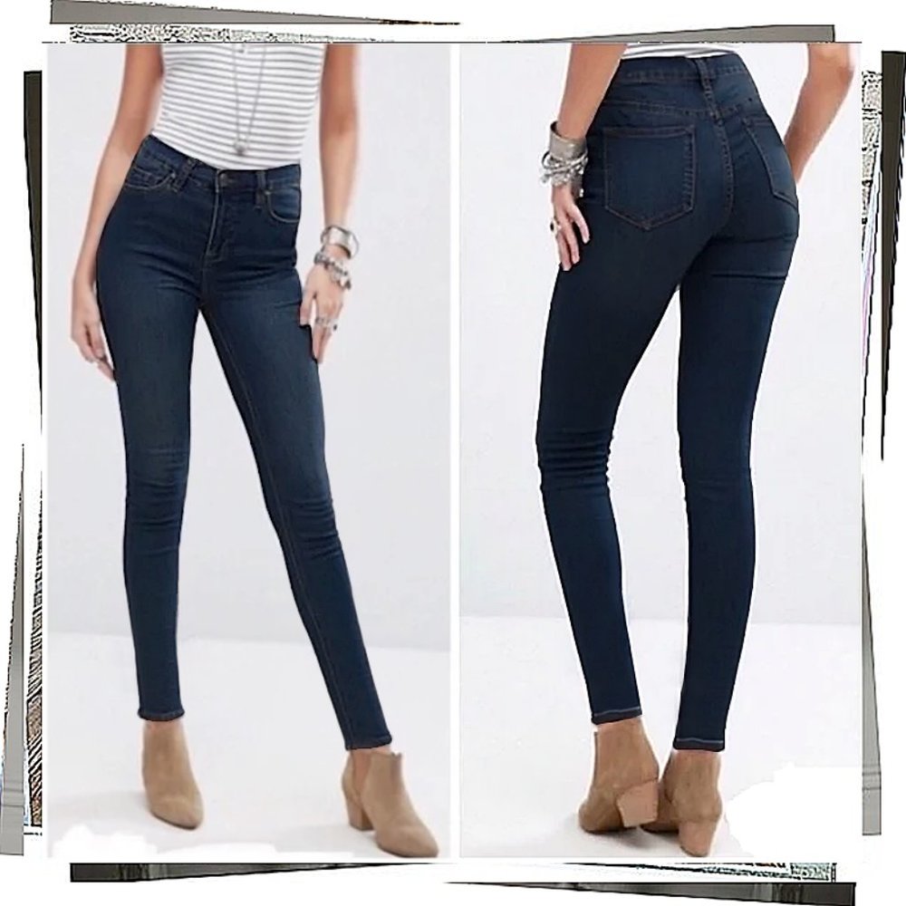 Dark Blue Hi Rise Skinny Stretch Jeans Great w Boots (25) by Free People